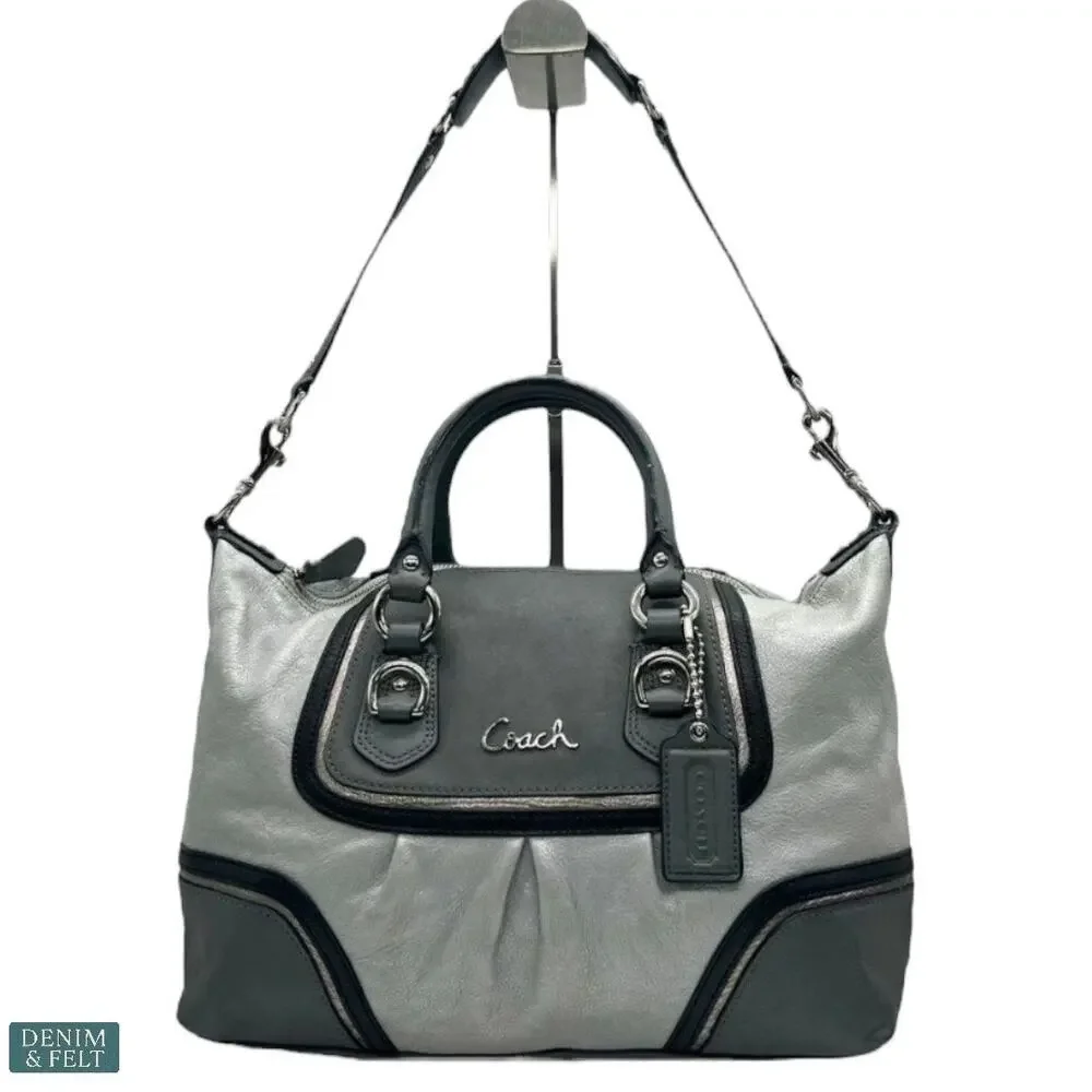 Coach Leather‎ Satchel Gray & Black Tote Bag with Pink Lining & Top Handles